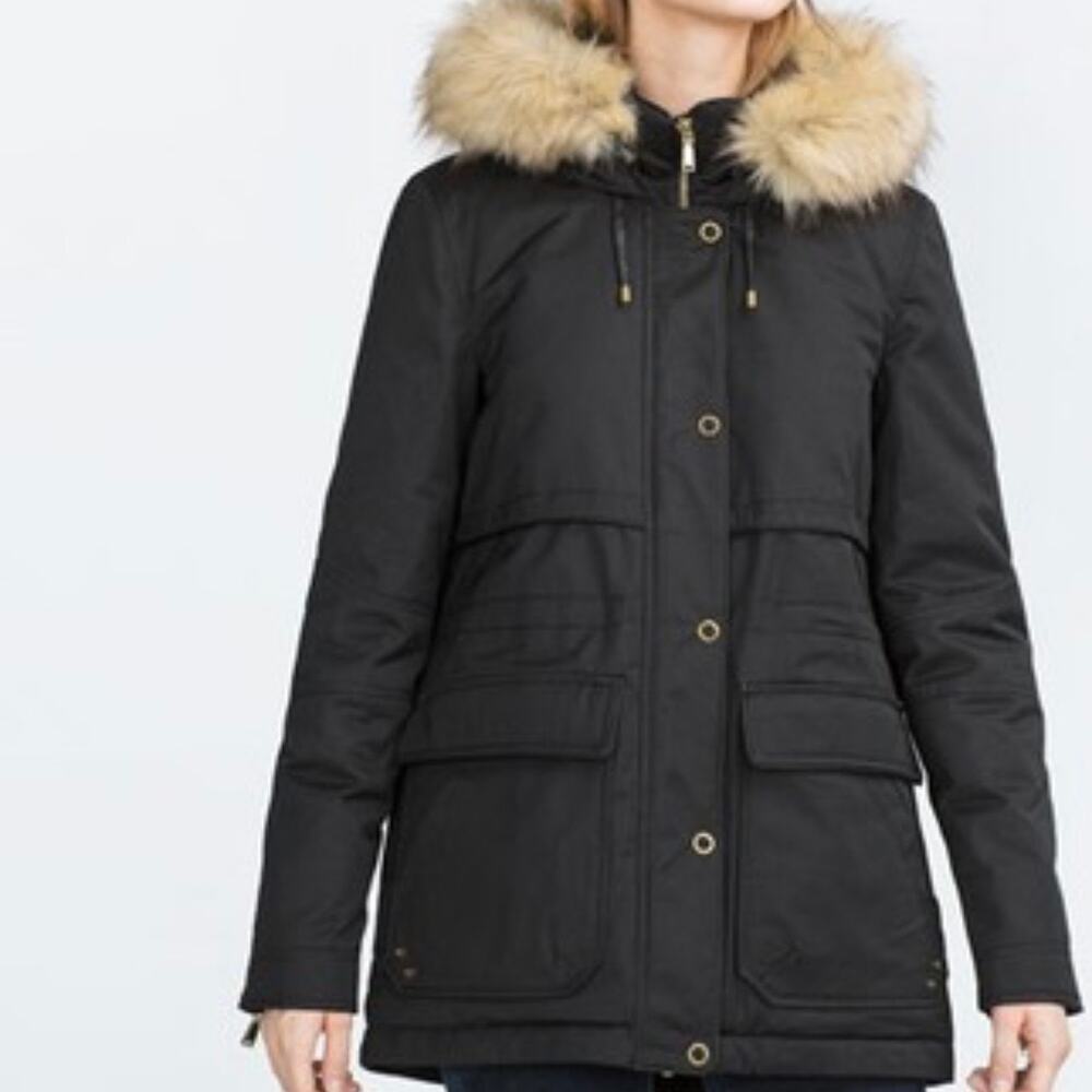 Zara Trafaluc Parka Coat Black Faux Fur Size Small 3427/225/800 Winter‎